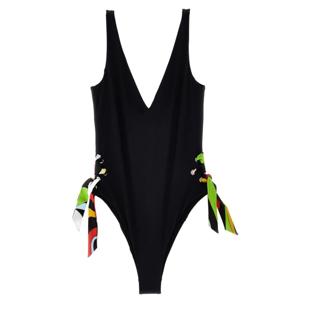 Emilio Pucci Black One Piece Swimsuit with Colorful Ties